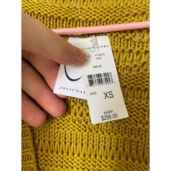 NEW With Tags Josie Natori XS Yellow Knit Short Sleeve Sweater Crochet - Picture 3 of 5